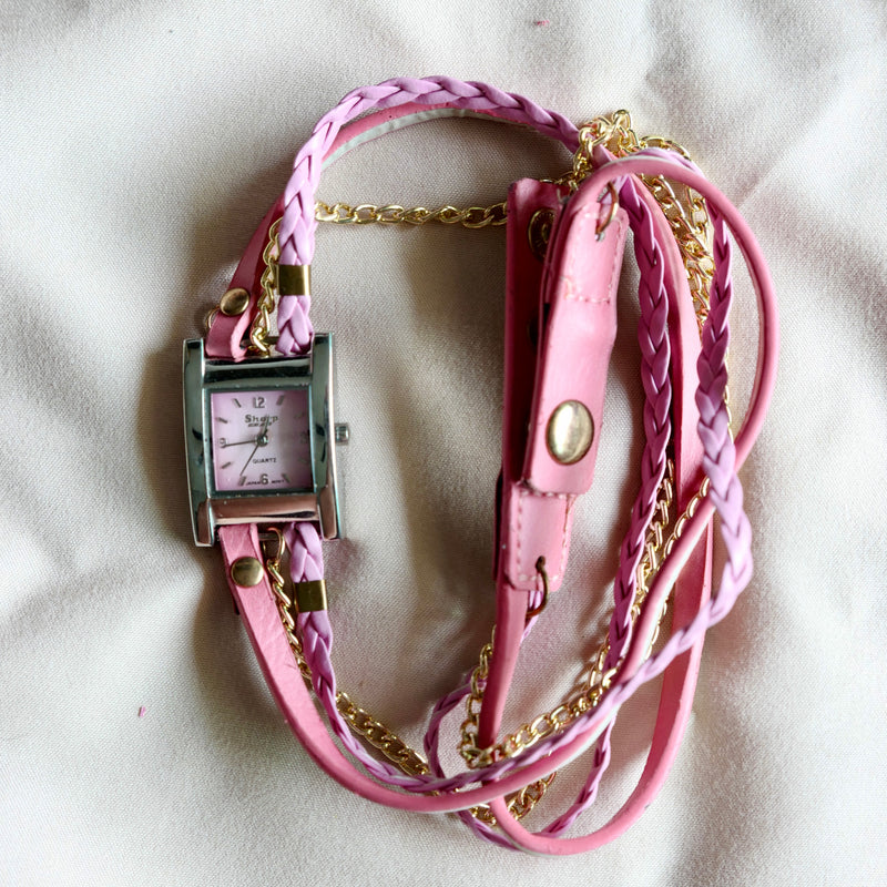 Sharp Pink Leather Strap Watch